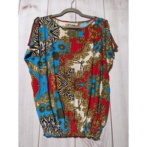 ACE Women's Silk Polyester Blend Colorful Baroque Zebra Print Tunic Top L